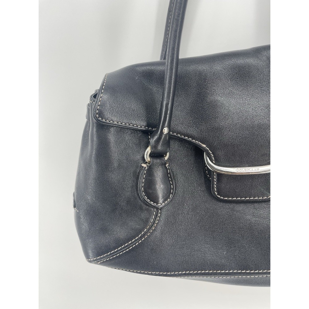 Cole Haan Black Leather Shoulder Bag Contrast Stitch Silver Hardware Women's - Picture 3 of 10